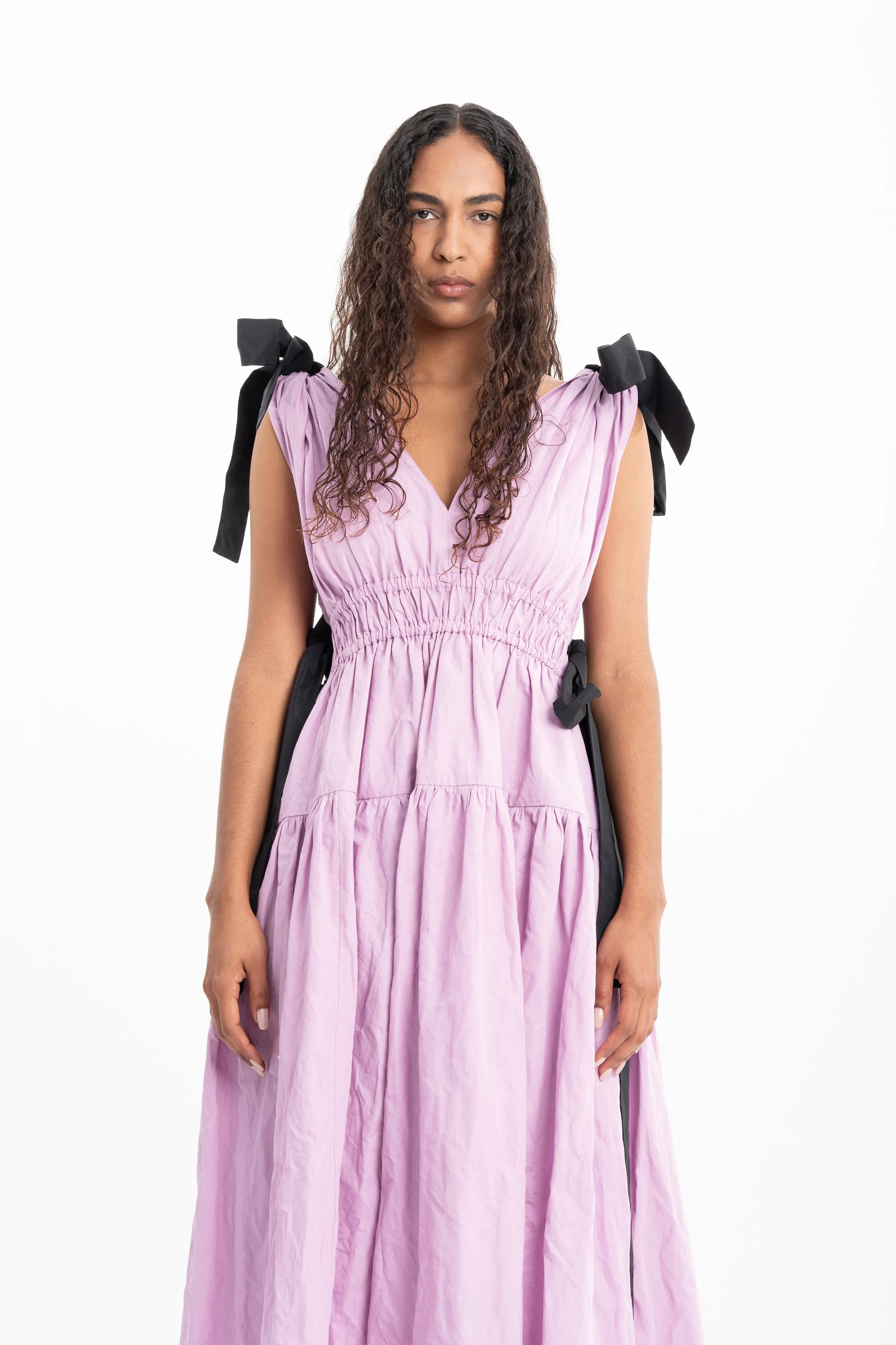 LILAC WRINKLED COTTON GATHERED V NECK DRESS sold by Marques ’ Almeida product image thumbnail 5