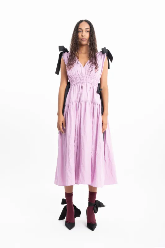 LILAC WRINKLED COTTON GATHERED V NECK DRESS made by Marques ’ Almeida