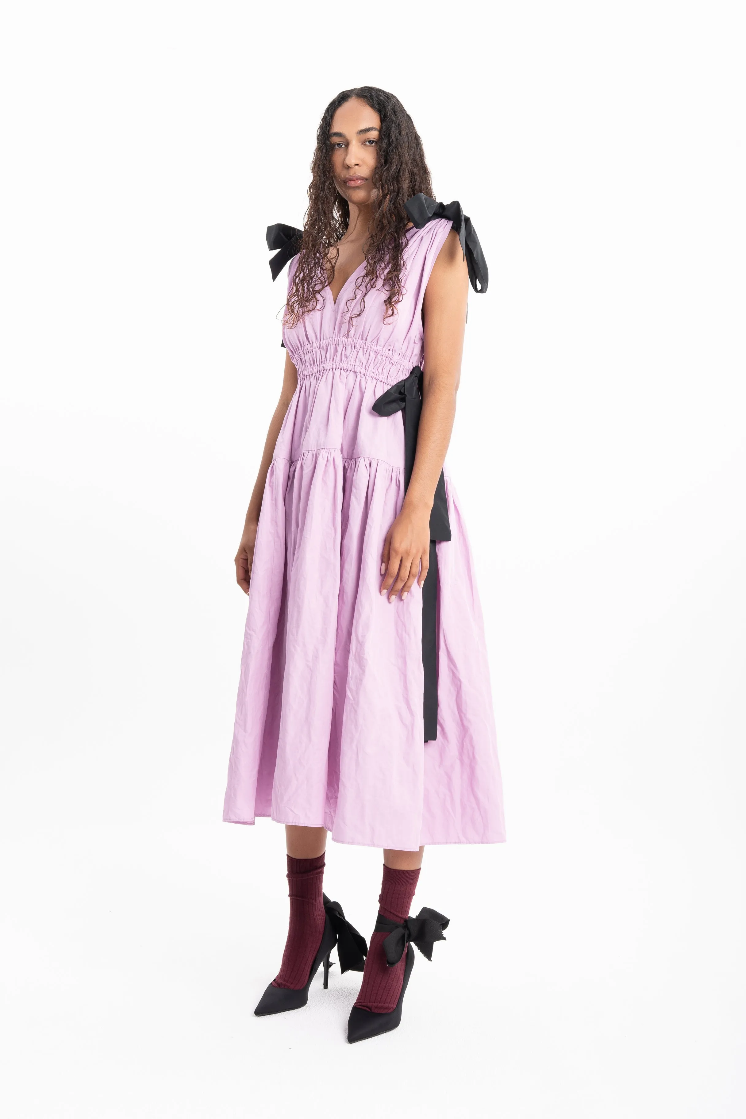 LILAC WRINKLED COTTON GATHERED V NECK DRESS sold by Marques ’ Almeida product image thumbnail 3