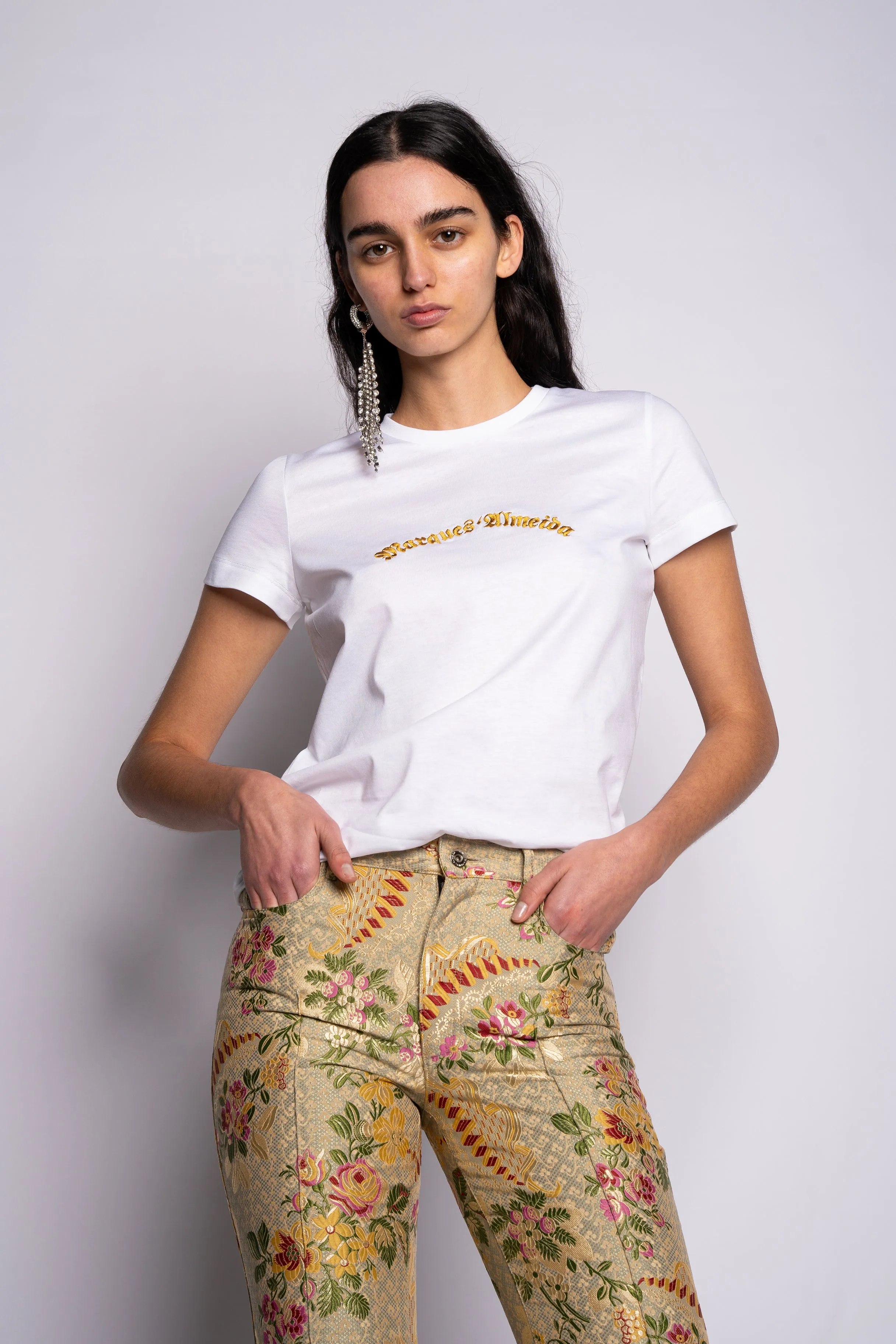 WHITE CAP SLEEVE T-SHIRT WITH GOLD LOGO sold by Marques ’ Almeida