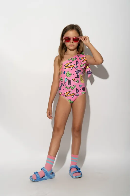 PINK SQUIGGLE PRINT ONE-SHOULDER SWIMSUIT sold by Marques ’ Almeida