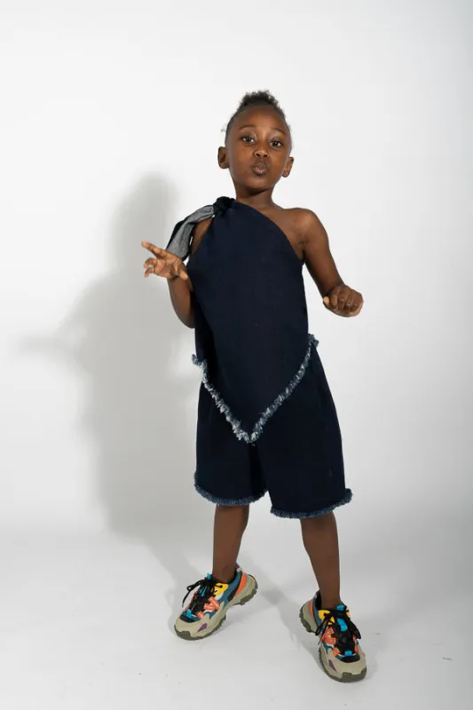 NAVY DENIM CLASSIC SHORTS made by Marques ’ Almeida