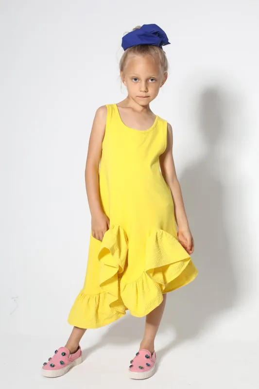 YELLOW SLEEVELESS FLOUNCE DRESS made by Marques ’ Almeida