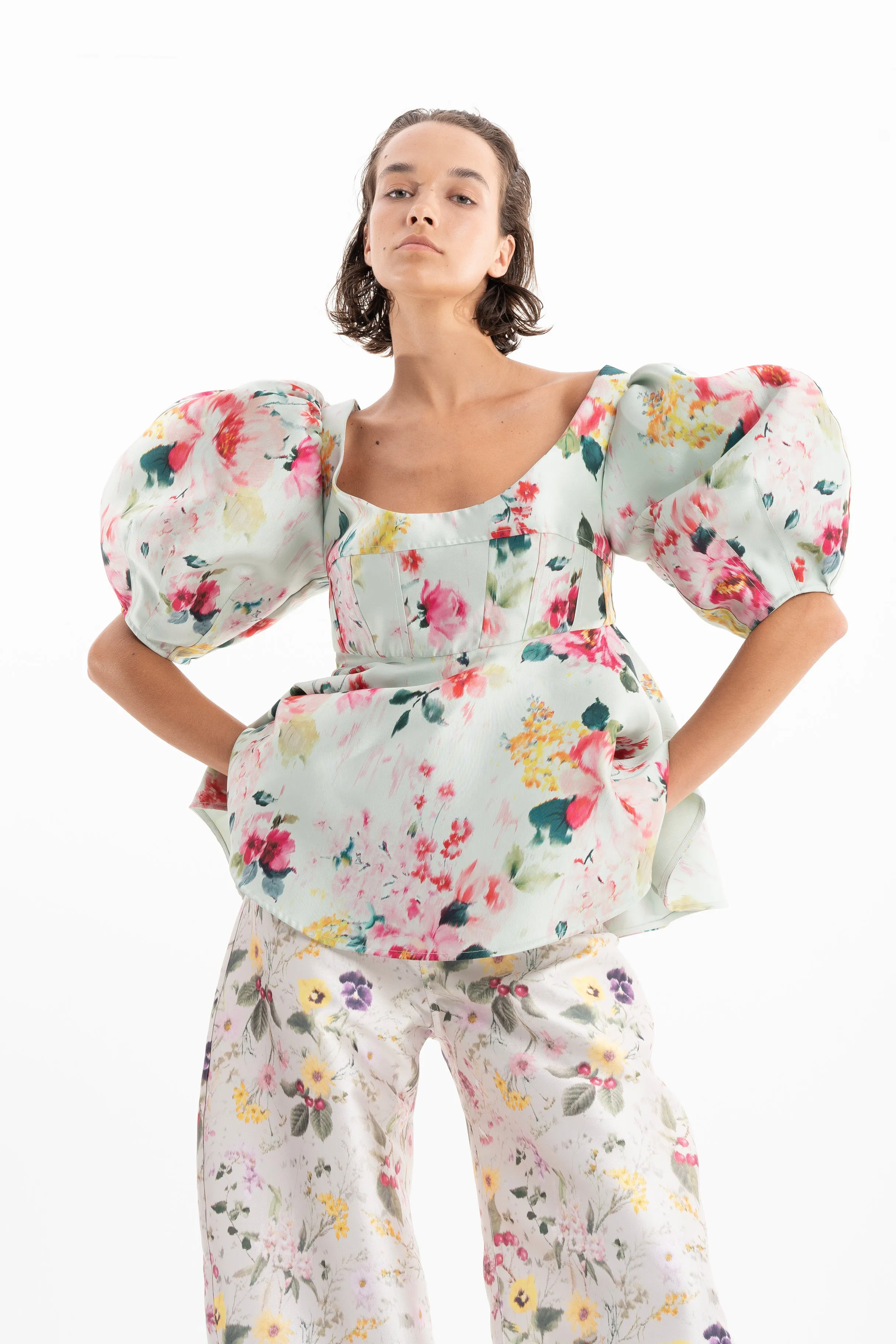 LIGHT GREEN PRINTED MIKADO ROUND SLEEVE TOP sold by Marques ’ Almeida