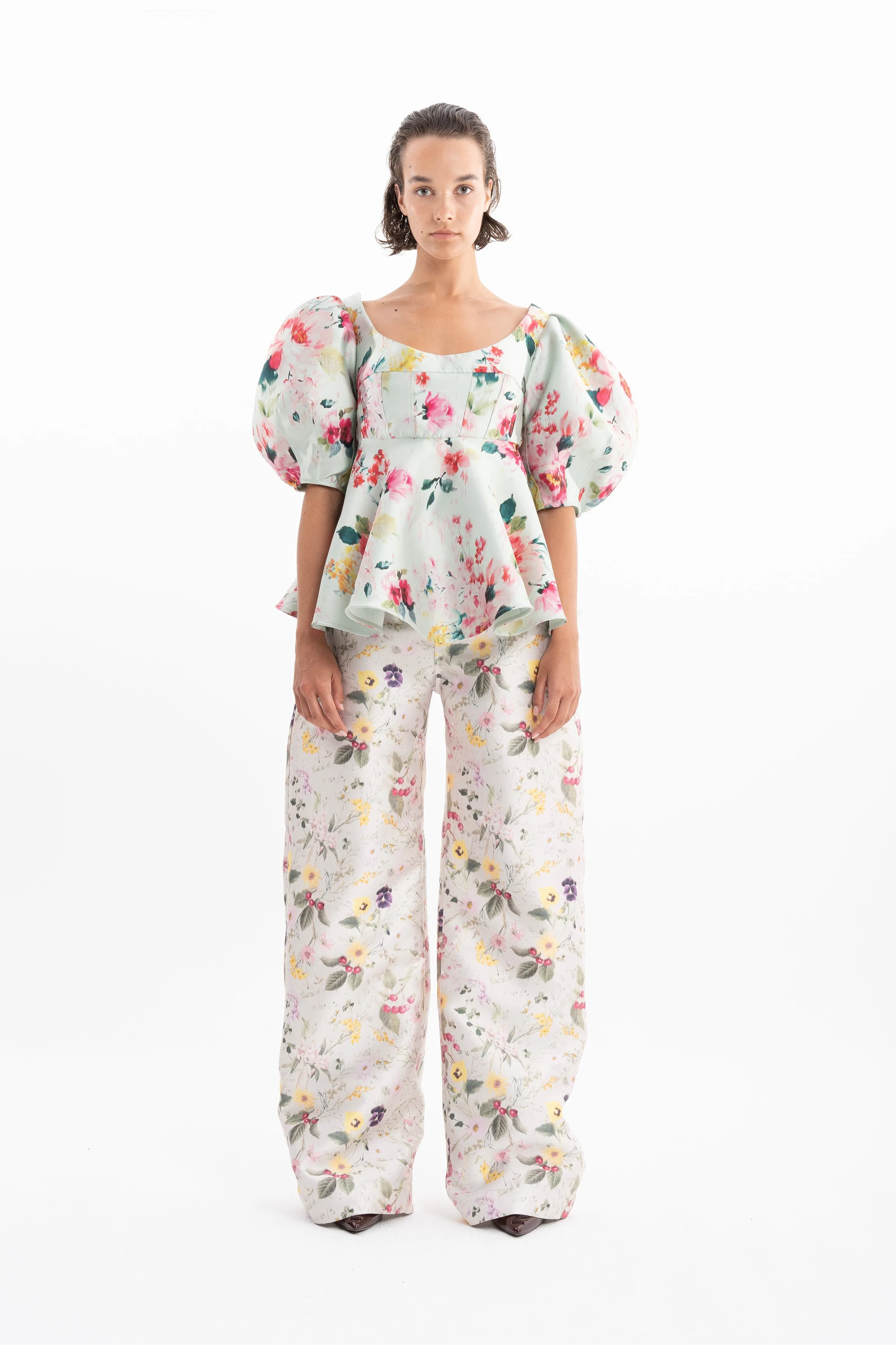 LIGHT GREEN PRINTED MIKADO ROUND SLEEVE TOP sold by Marques ’ Almeida product image thumbnail 5