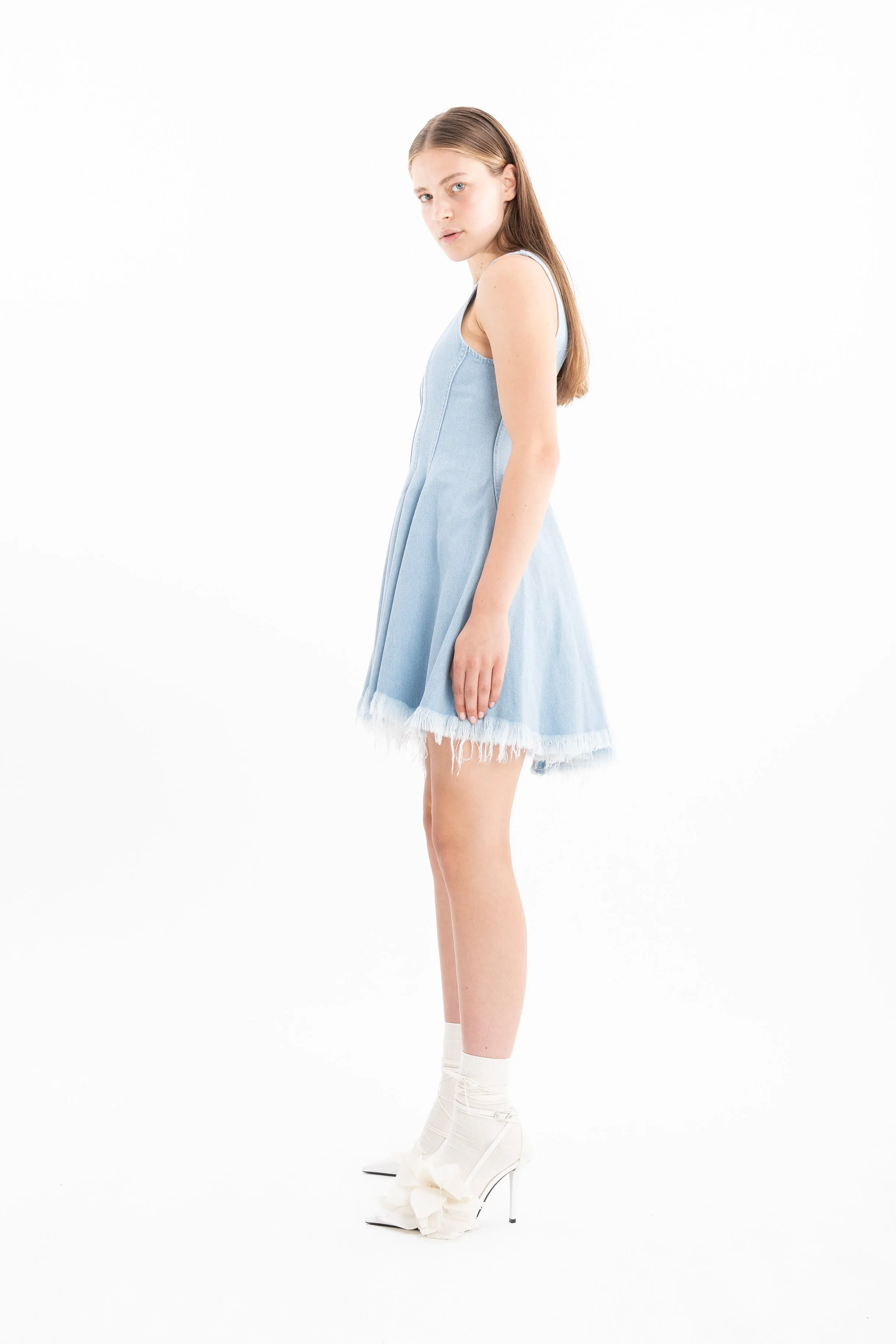 LIGHT BLUE DENIM RACER SHAPE FLOUNCE MINI DRESS sold by Marques ’ Almeida product image thumbnail 5