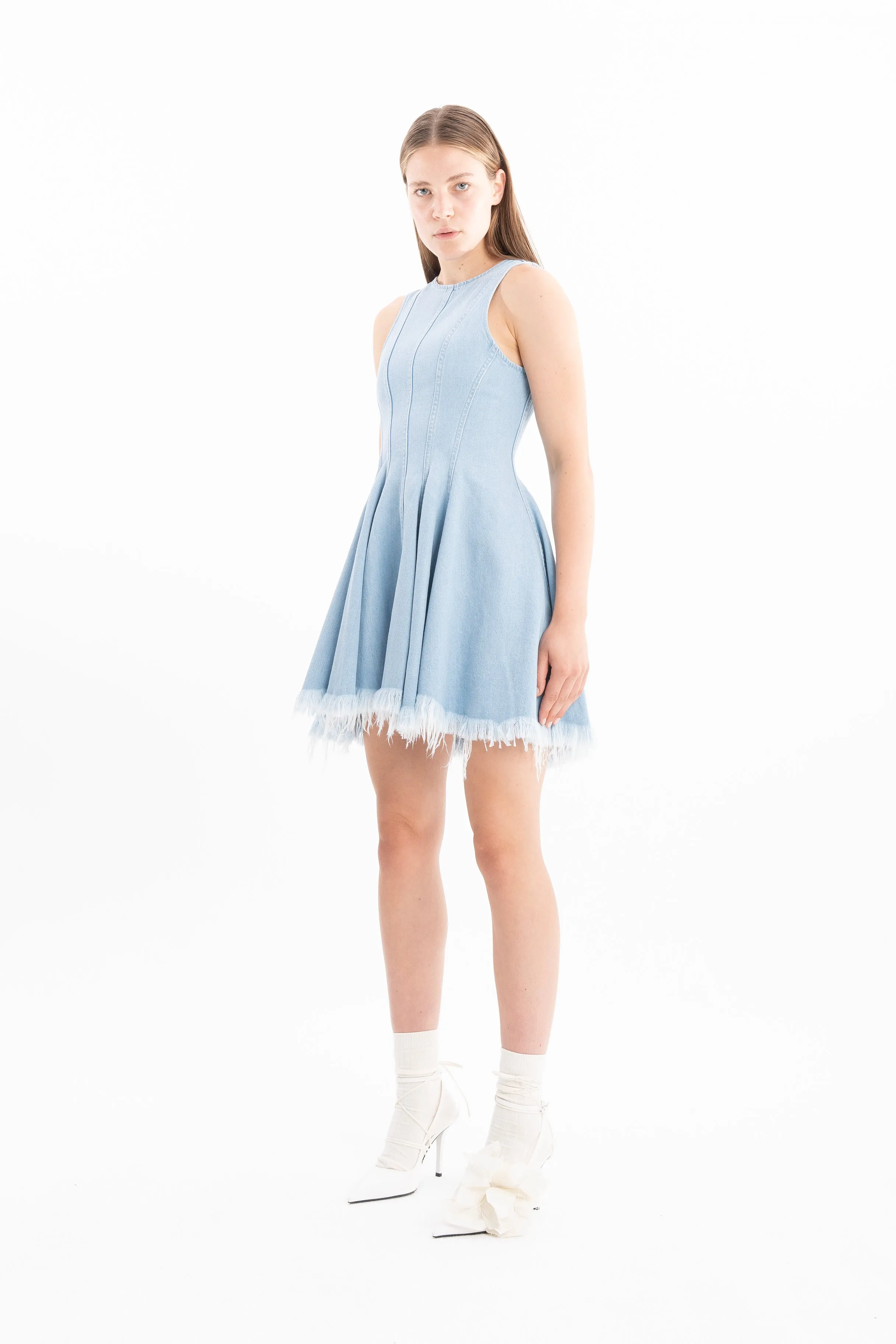 LIGHT BLUE DENIM RACER SHAPE FLOUNCE MINI DRESS sold by Marques ’ Almeida product image thumbnail 4