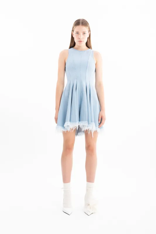 LIGHT BLUE DENIM RACER SHAPE FLOUNCE MINI DRESS made by Marques ’ Almeida