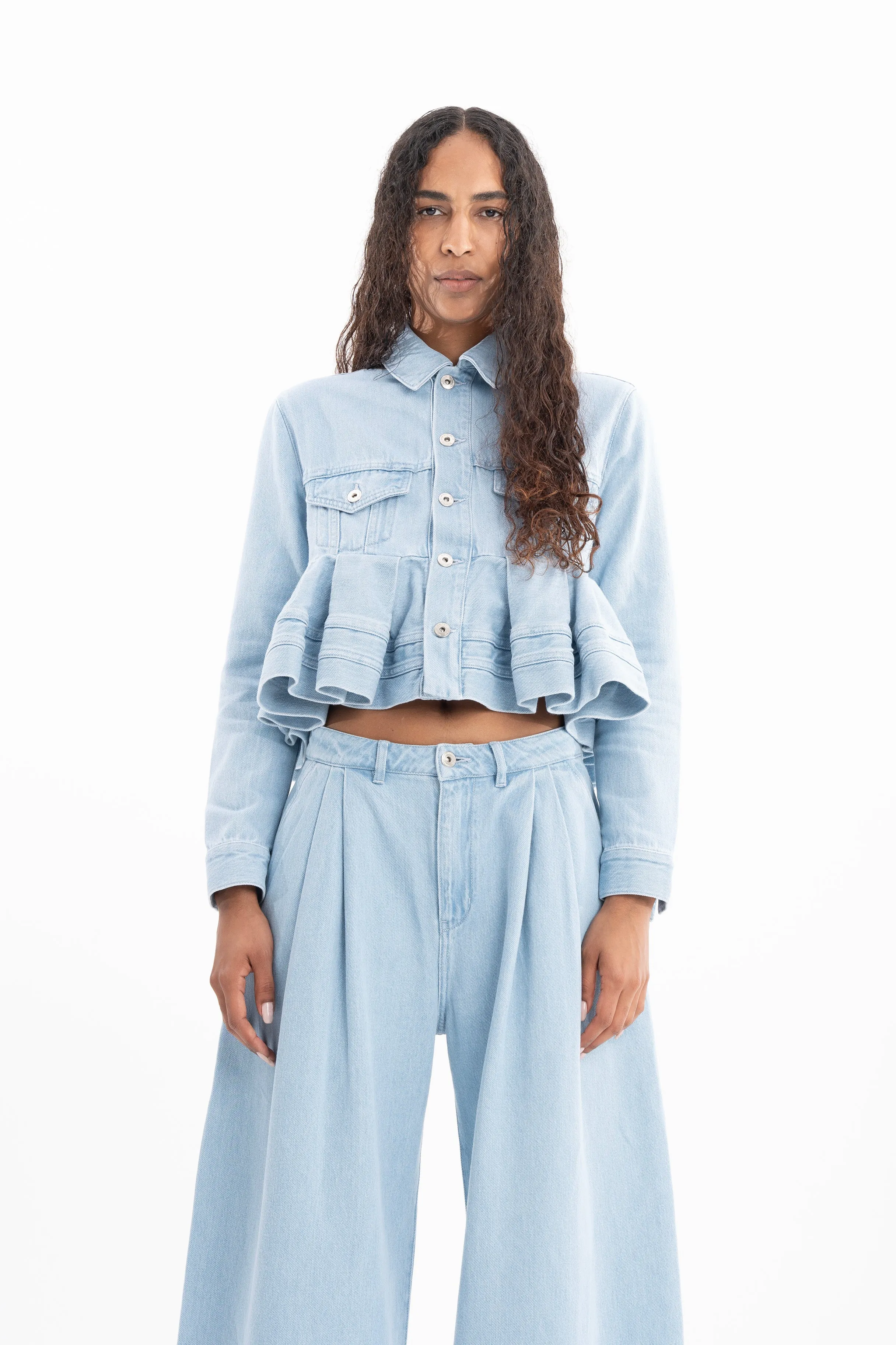 LIGHT BLUE DENIM CROPPED FLOUNCE JACKET sold by Marques ’ Almeida