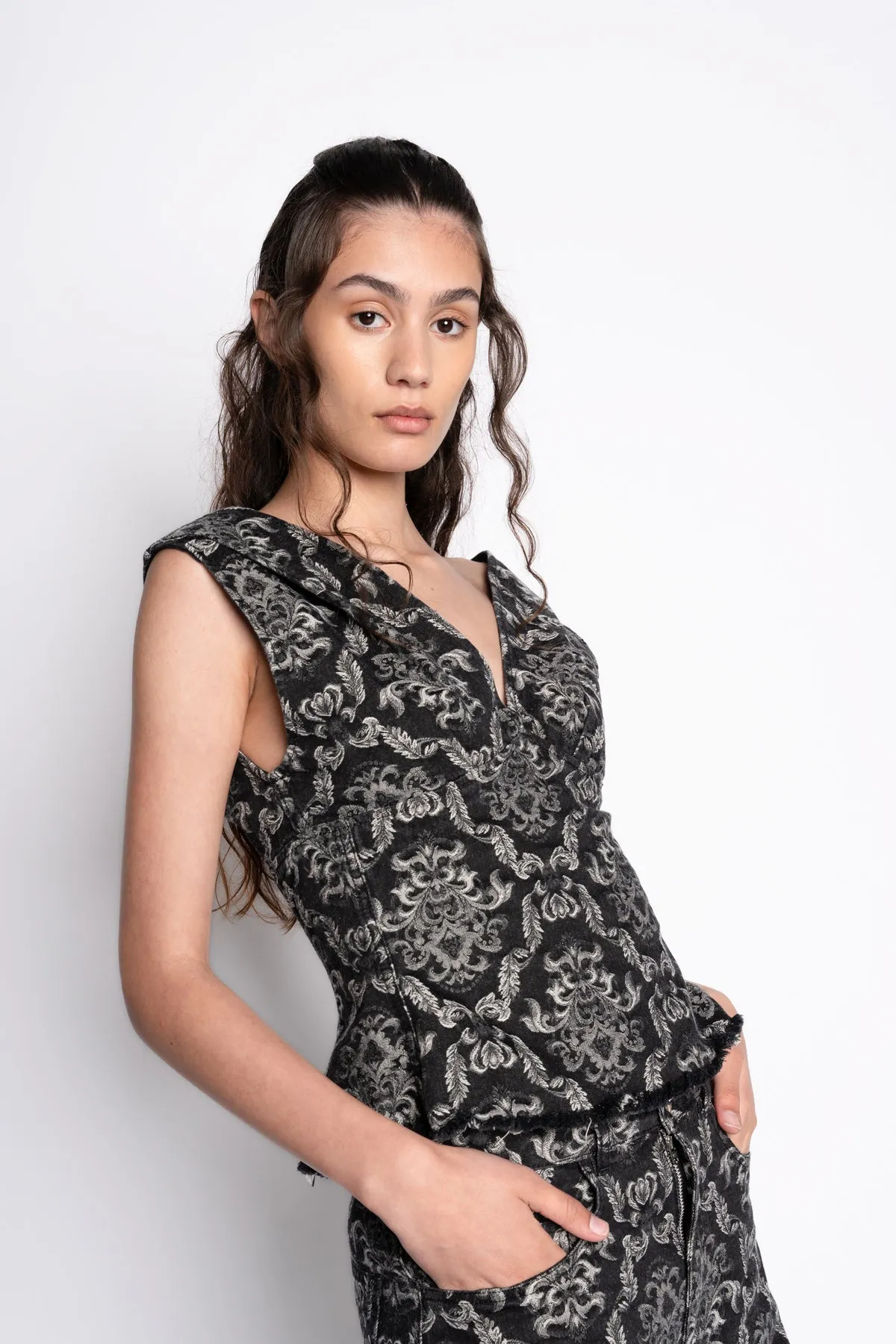 BLACK BROCADE DENIM FITTED OFF SHOULDER TOP sold by Marques ’ Almeida product image thumbnail 2