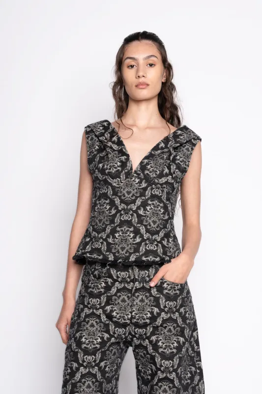 BLACK BROCADE DENIM FITTED OFF SHOULDER TOP made by Marques ’ Almeida