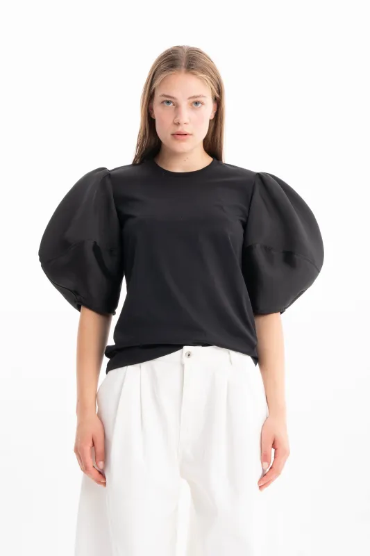 BLACK HEAVY SATIN BALLOON SLEEVE JERSEY T-SHIRT made by Marques ’ Almeida