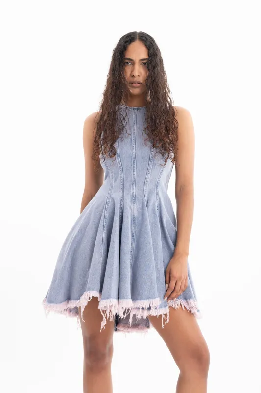 LILAC OVERDYE DENIM RACER SHAPE FLOUNCE MINI DRESS made by Marques ’ Almeida
