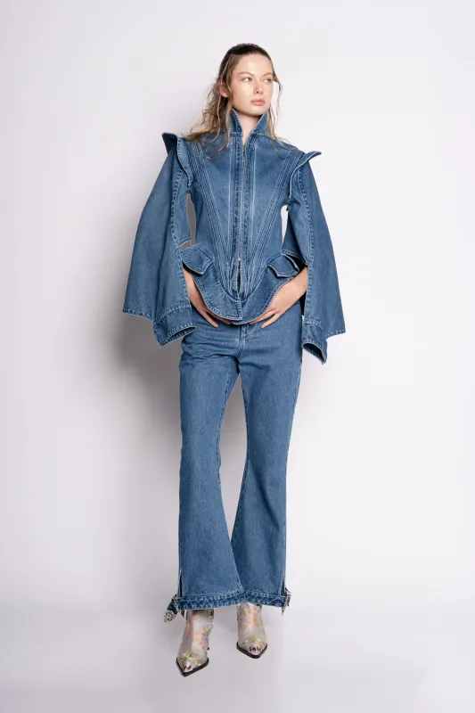 DENIM CAPRI FLARE TROUSERS WITH BELTED HEM made by Marques ’ Almeida