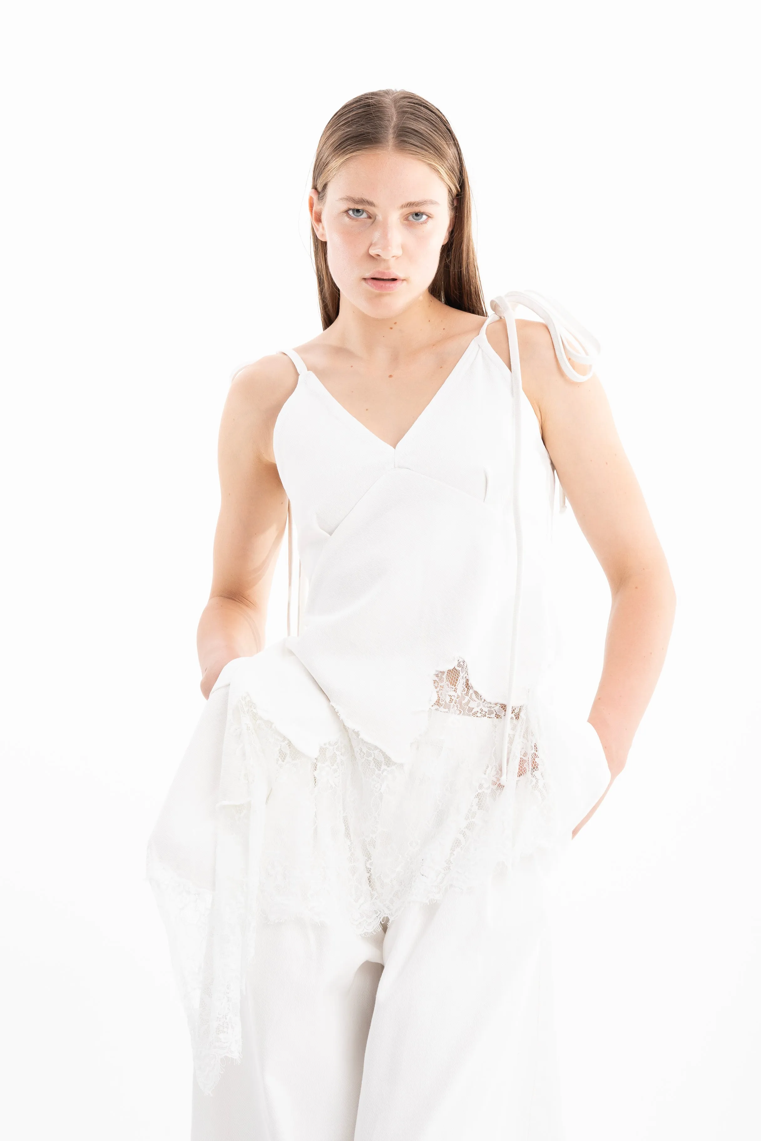 WHITE DENIM AND LACE STRAP TOP WITH ASYMMETRIC HEM sold by Marques ’ Almeida