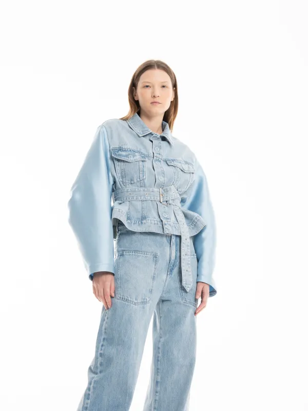 LIGHT BLUE MIKADO PUFF SLEEVE DENIM TRUCKER JACKET made by Marques ’ Almeida