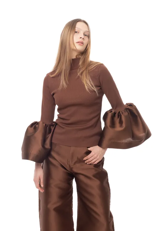 BROWN RIB JERSEY TURTLENECK PUFF SLEEVE TOP sold by Marques ’ Almeida