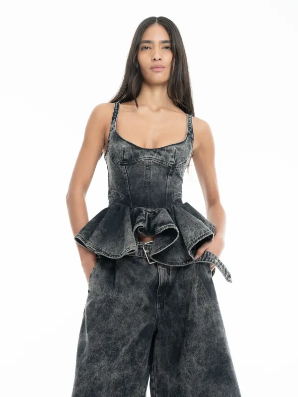 BLACK ACID WASH DENIM CORSET WITH PEPLUM sold by Marques ’ Almeida