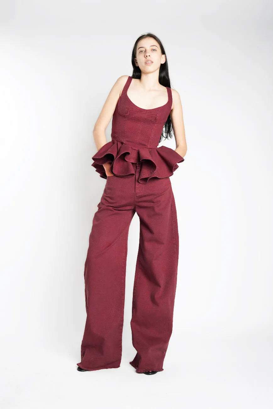 BURGUNDY DRILL CORSET WITH PEPLUM sold by Marques ’ Almeida