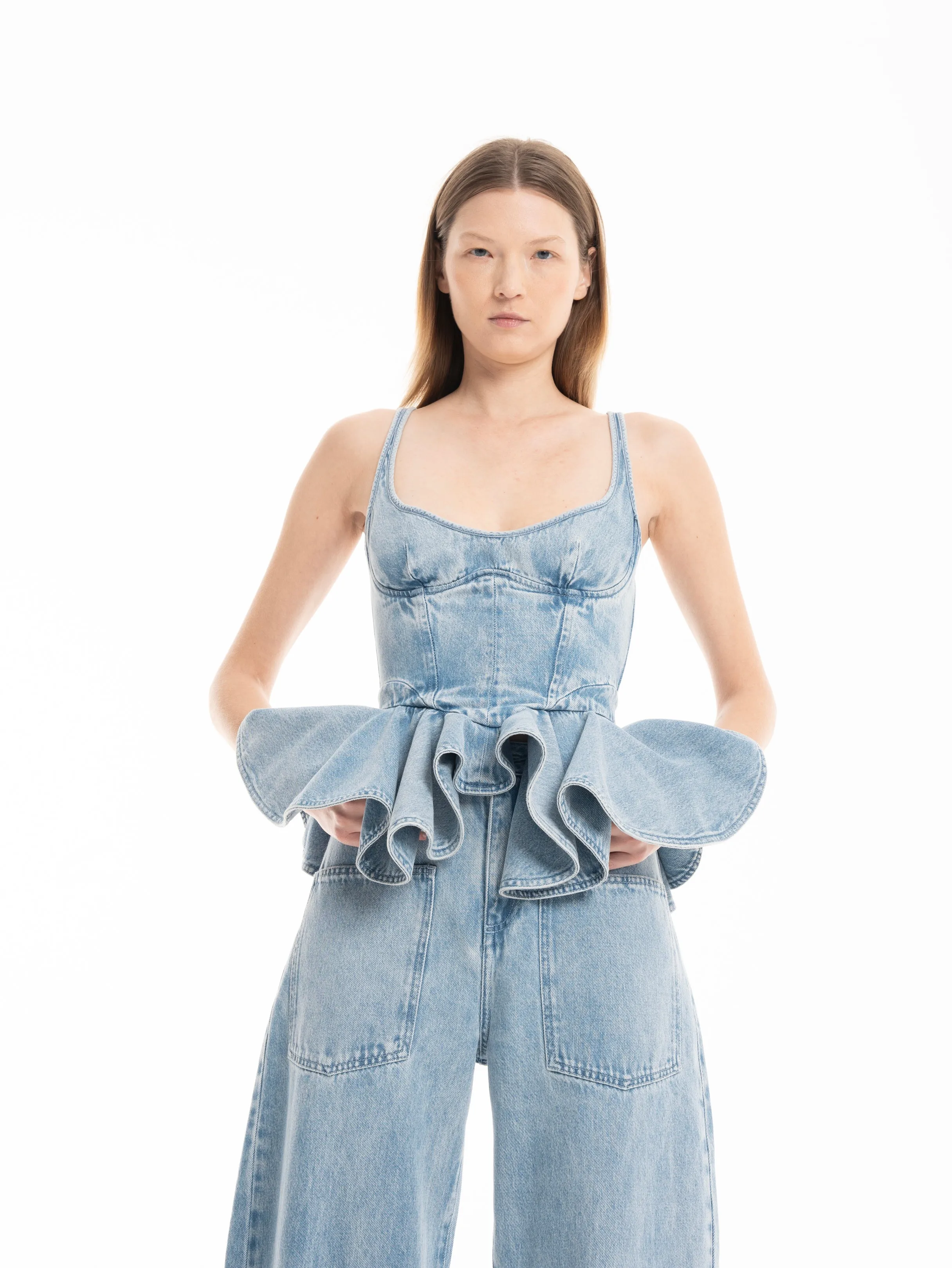 LIGHT BLUE DENIM CORSET WITH PEPLUM sold by Marques ’ Almeida product image thumbnail 4