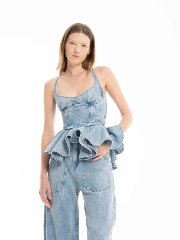 LIGHT BLUE DENIM CORSET WITH PEPLUM sold by Marques ’ Almeida