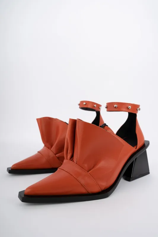 PRE-OWNED / ORANGE POINTY FRILL LACE UP PUMPS sold by Marques ’ Almeida