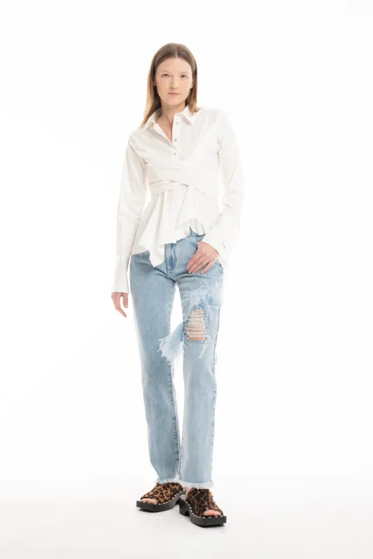 LIGHT BLUE DENIM RIP FEATHER TROUSERS sold by Marques ’ Almeida