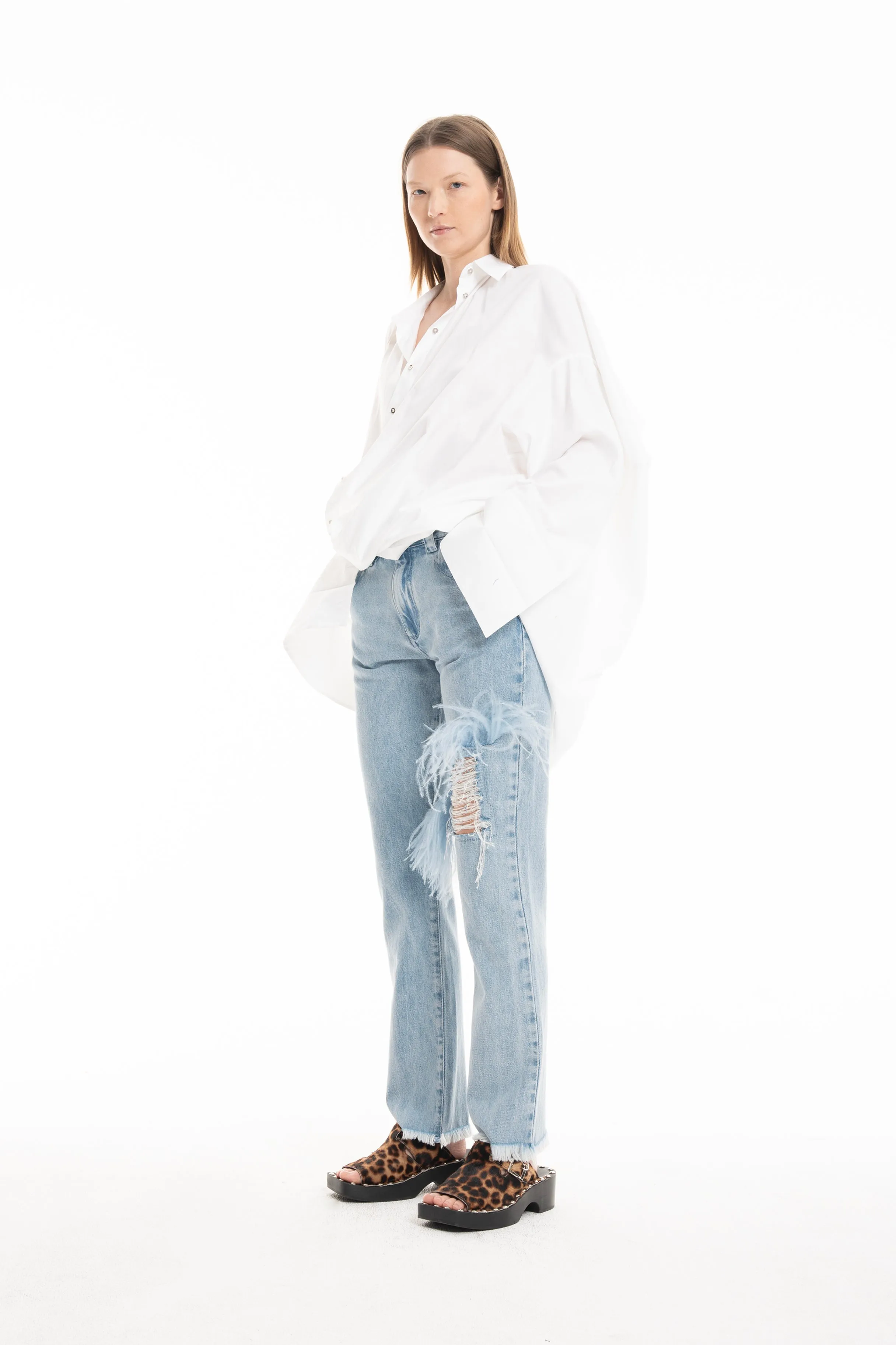 LIGHT BLUE DENIM RIP FEATHER TROUSERS sold by Marques ’ Almeida product image thumbnail 3