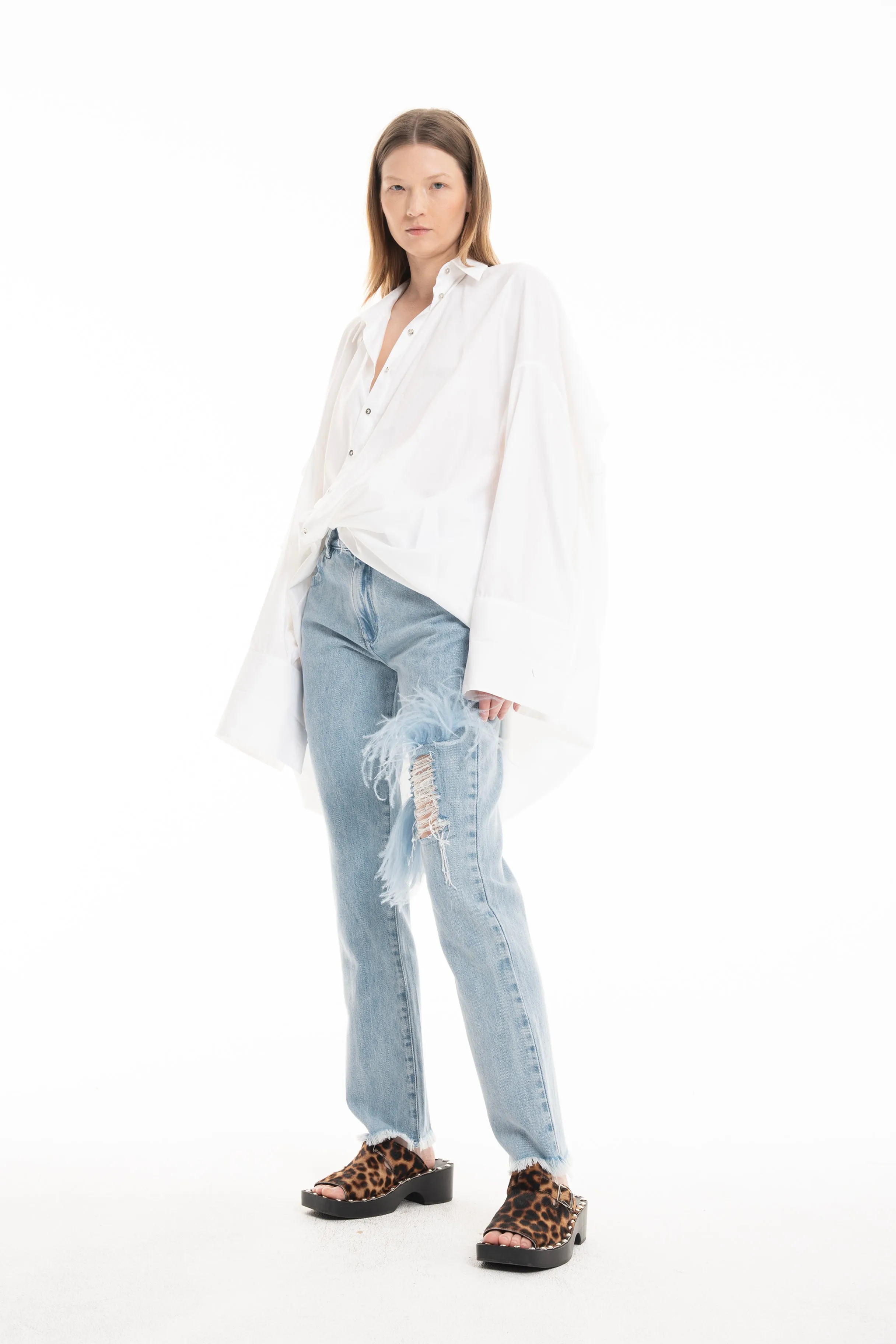 LIGHT BLUE DENIM RIP FEATHER TROUSERS sold by Marques ’ Almeida product image thumbnail 5