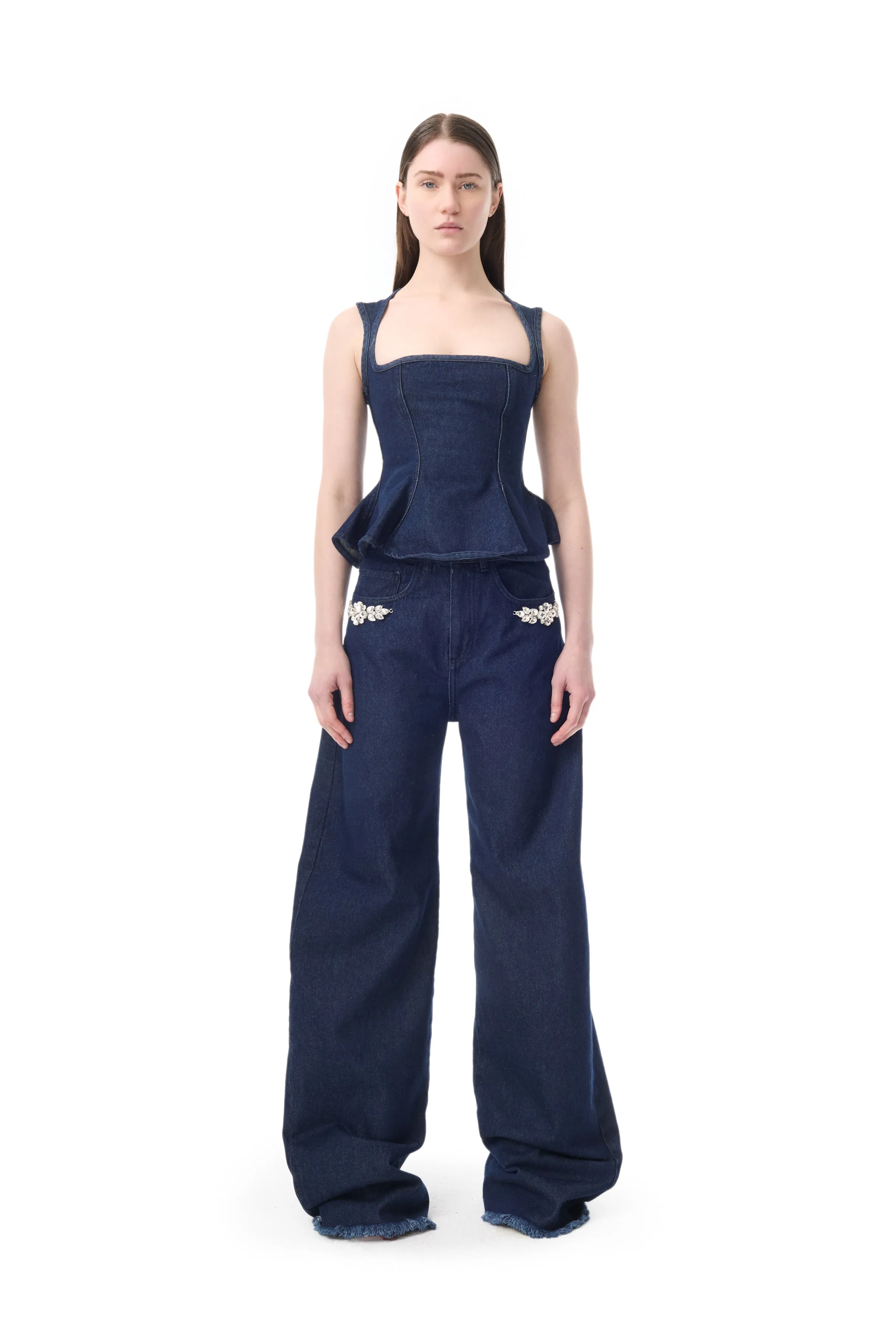 INDIGO DENIM EMBELLISHED BOYFRIEND TROUSERS sold by Marques ’ Almeida