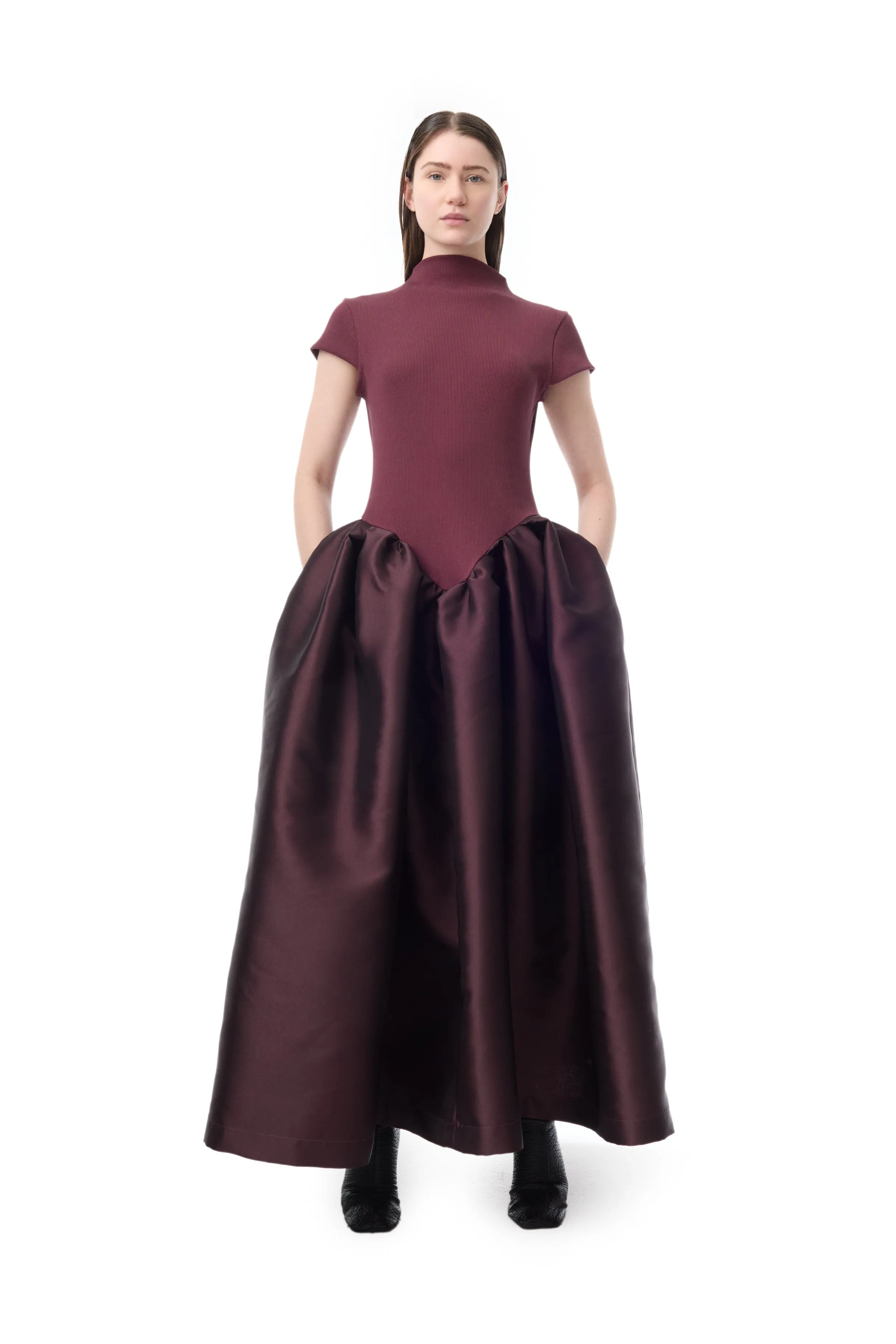 BURGUNDY CAP SLEEVE DRESS WITH LONG PUFF SKIRT sold by Marques ’ Almeida