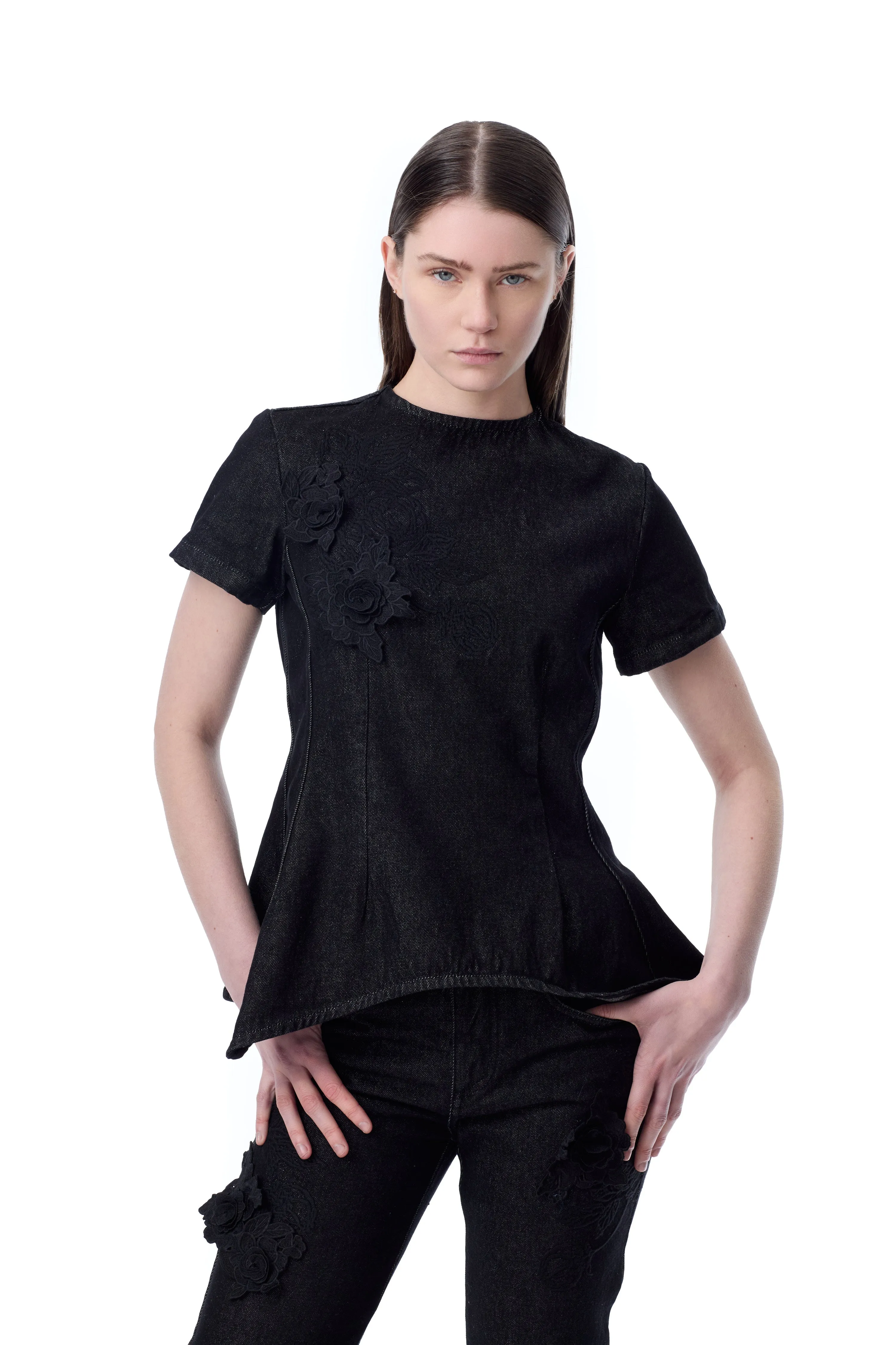 BLACK DENIM CAP SLEEVE PEPLUM TOP sold by Marques ’ Almeida