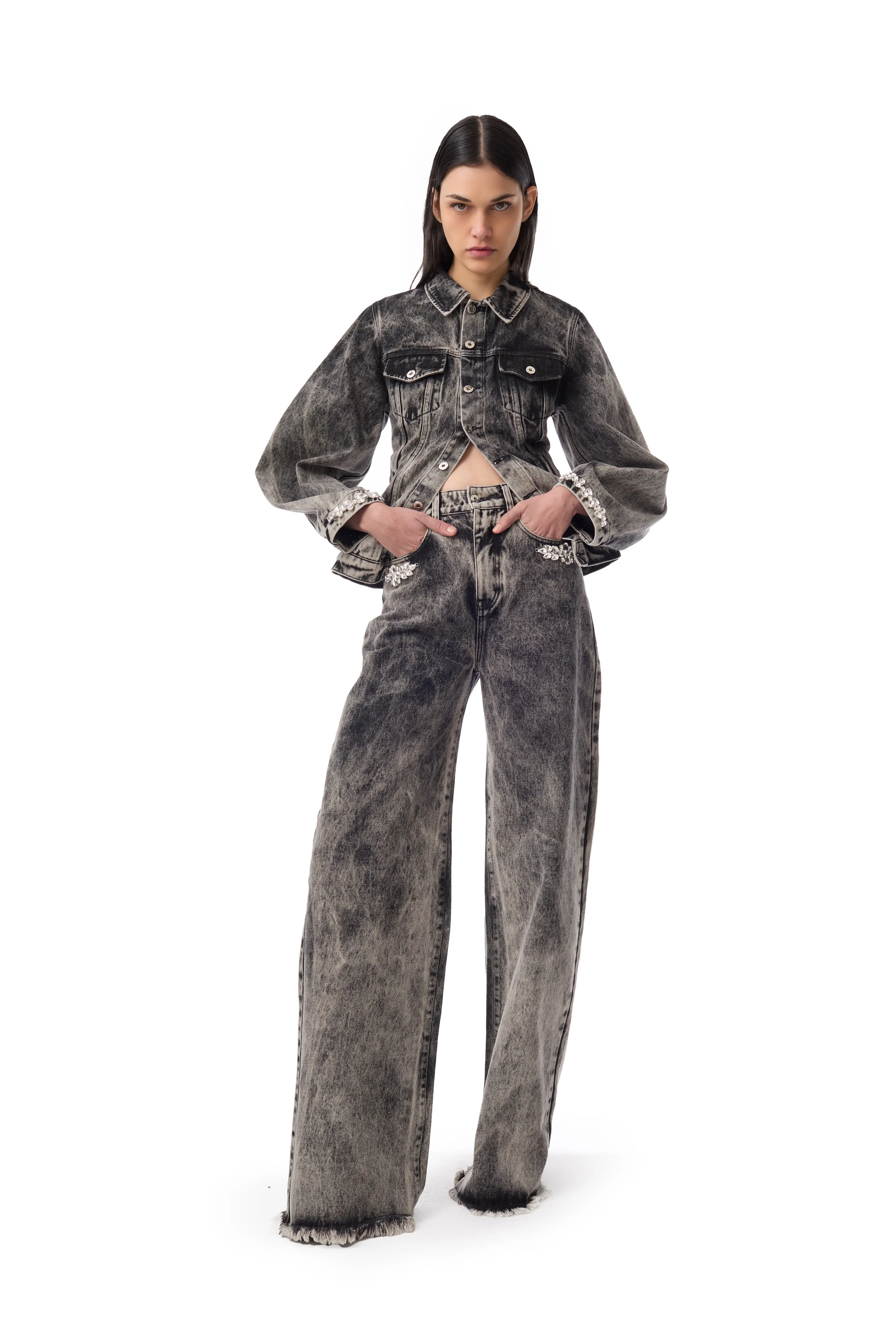 DENIM GREY ACID WASH EMBELLISHED FITTED JACKET sold by Marques ’ Almeida product image thumbnail 4