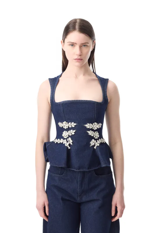INDIGO EMBELLISHED SQUARE NECK CORSET TOP sold by Marques ’ Almeida