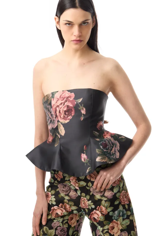 BLACK FLOWER PRINTED STRAPLESS WAISTED TOP made by Marques ’ Almeida
