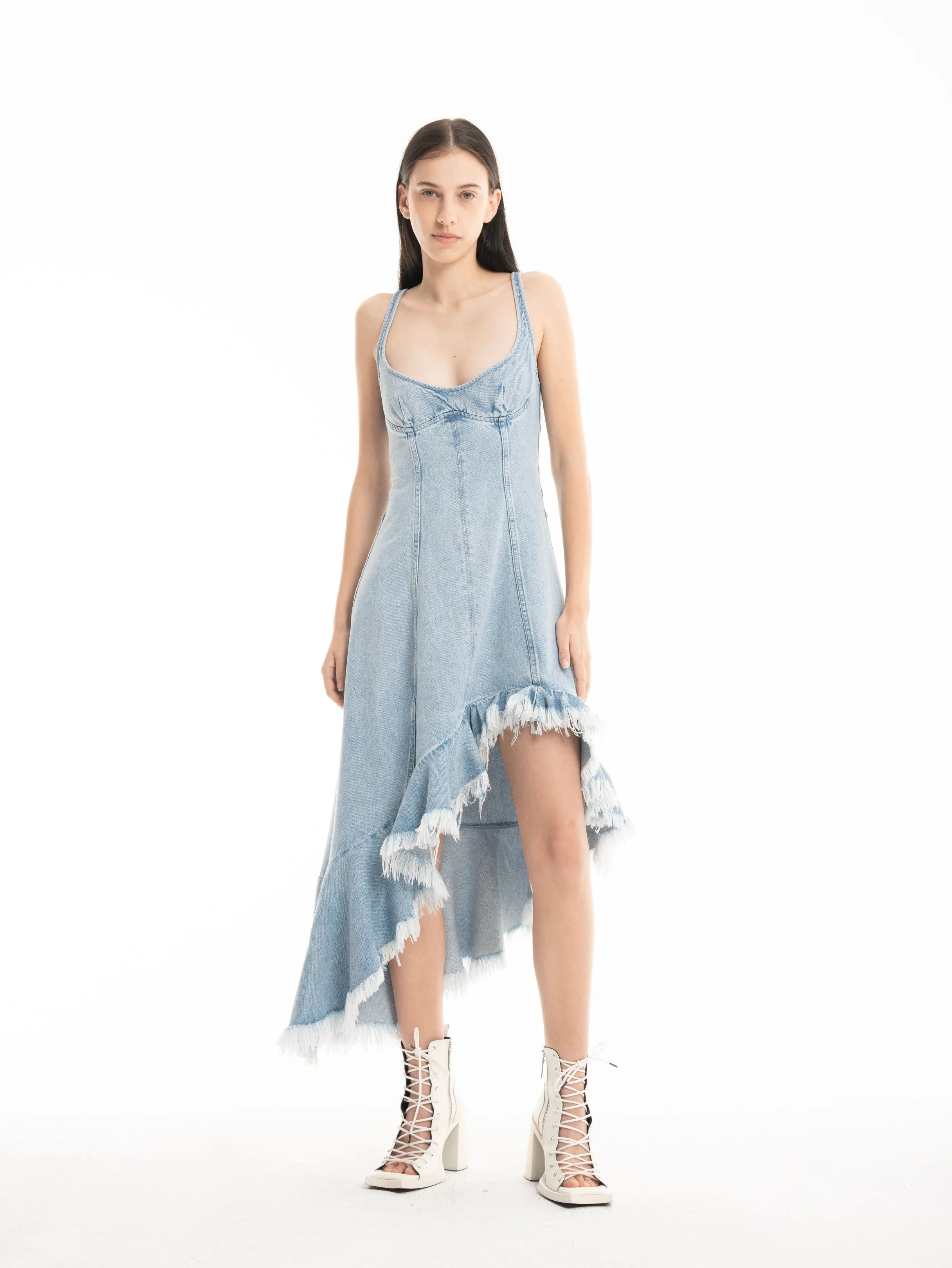 LIGHT BLUE DENIM DRESS WITH ASYMMETRIC PEPLUM HEM sold by Marques ’ Almeida
