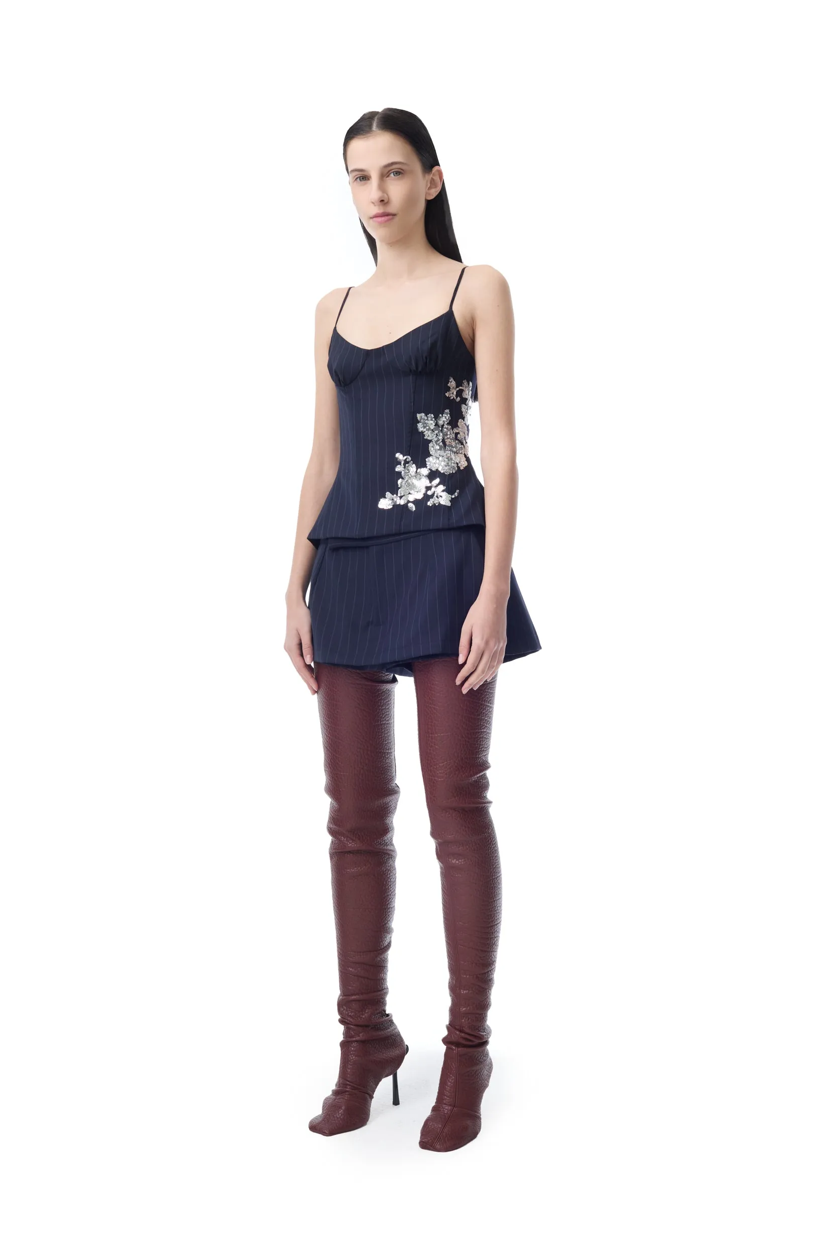 NAVY PINSTRIPE CORSET TOP WITH EMBROIDERY sold by Marques ’ Almeida product image thumbnail 3