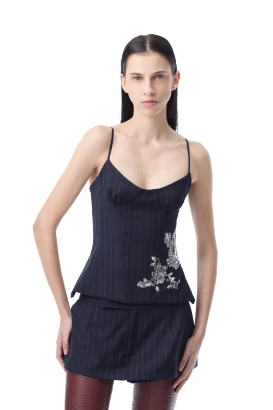 NAVY PINSTRIPE CORSET TOP WITH EMBROIDERY sold by Marques ’ Almeida