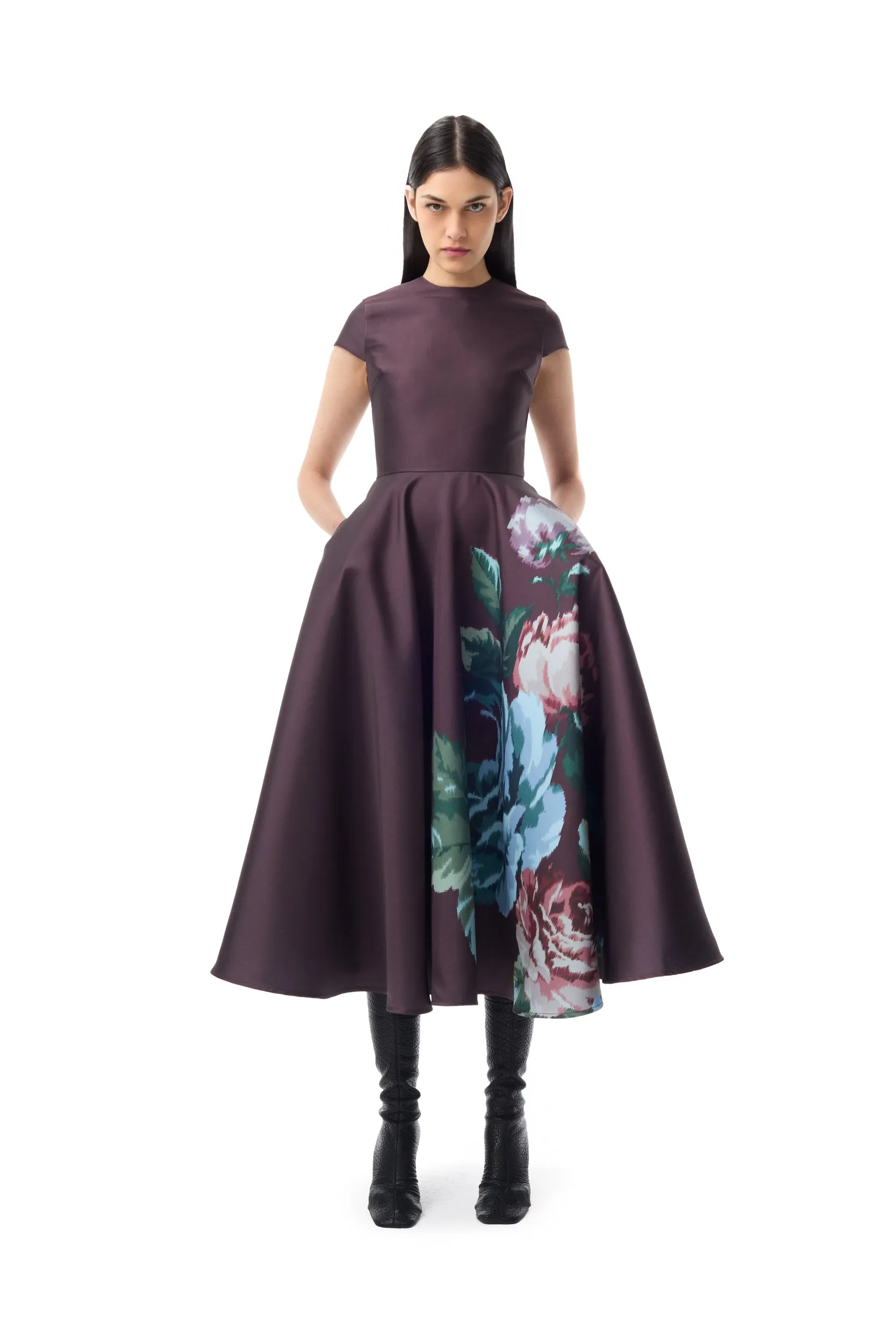 BURGUNDY FLOWER PRINTED CAP SLEEVE DRESS sold by Marques ’ Almeida