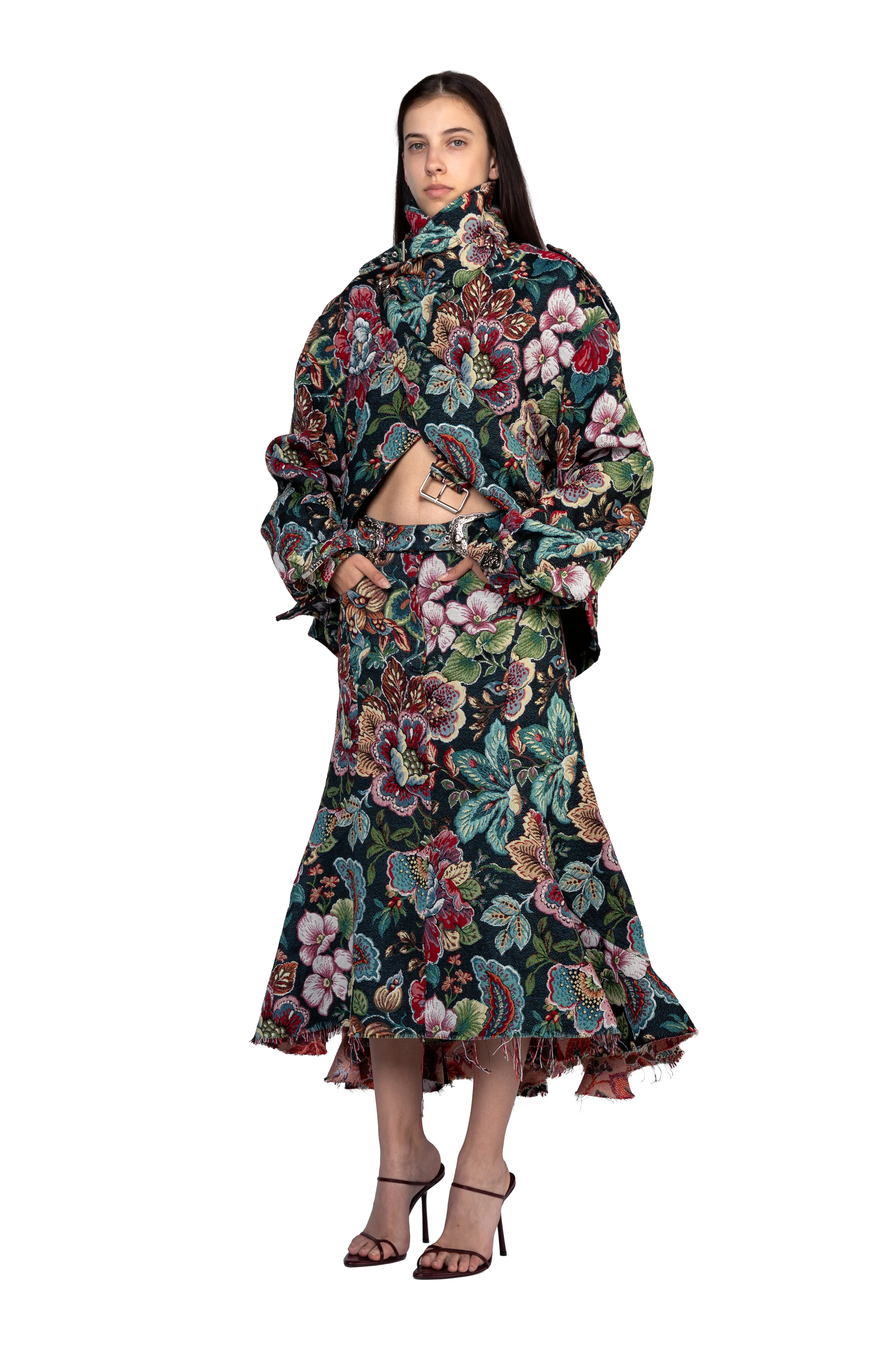 BLACK BROCADE MIDI FLARE SKIRT WITH BELT sold by Marques ’ Almeida product image thumbnail 4