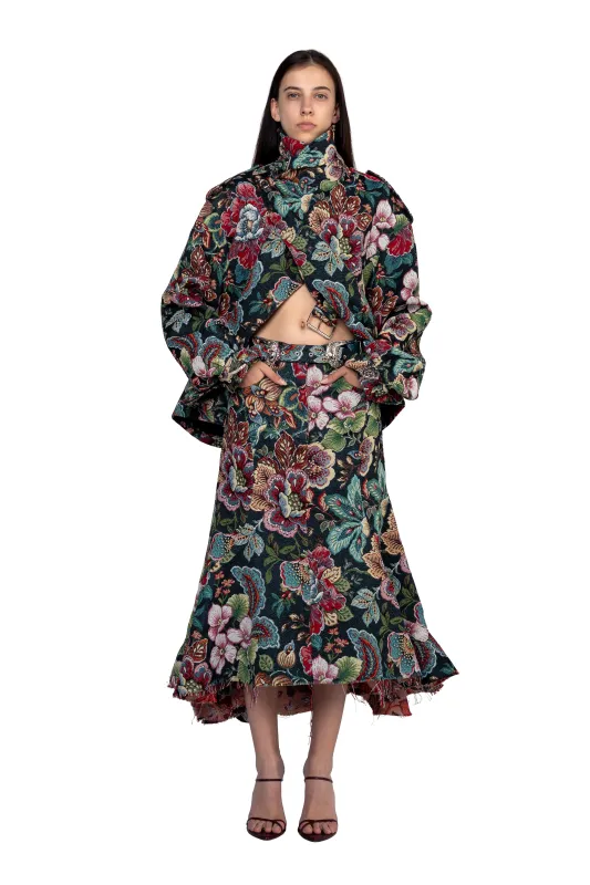 BLACK BROCADE MIDI FLARE SKIRT WITH BELT sold by Marques ’ Almeida