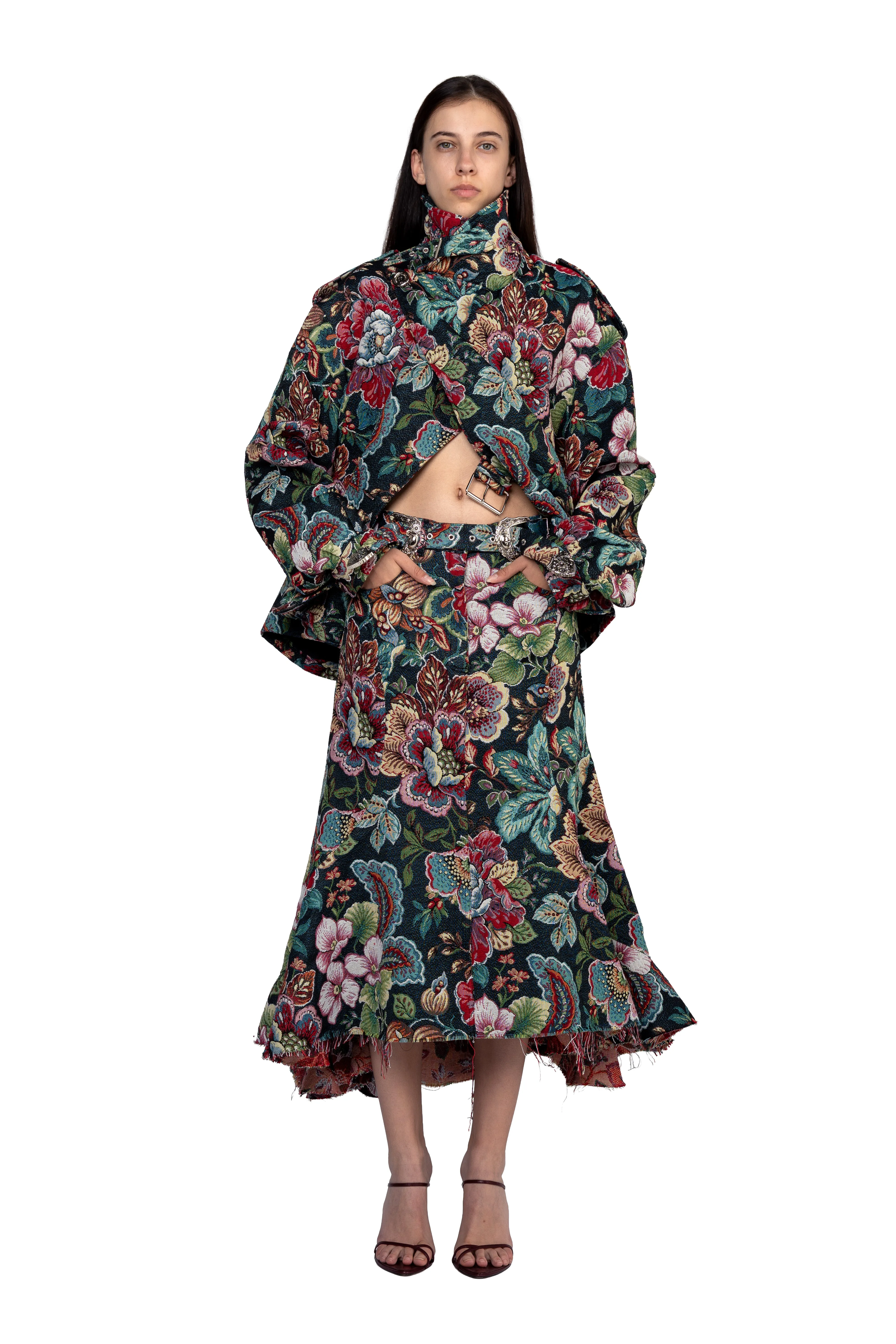 BLACK BROCADE MIDI FLARE SKIRT WITH BELT sold by Marques ’ Almeida