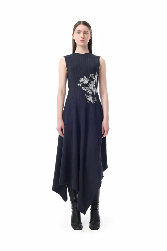 NAVY PINSTRIPE SLEEVELESS DRESS WITH EMBROIDERY made by Marques ’ Almeida