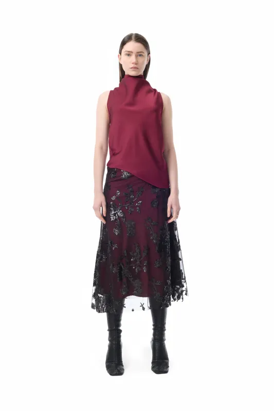 BURGUNDY SATIN COWL NECK TOP made by Marques ’ Almeida