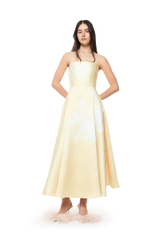 YELLOW PRINTED STRAPLESS DRESS made by Marques ’ Almeida