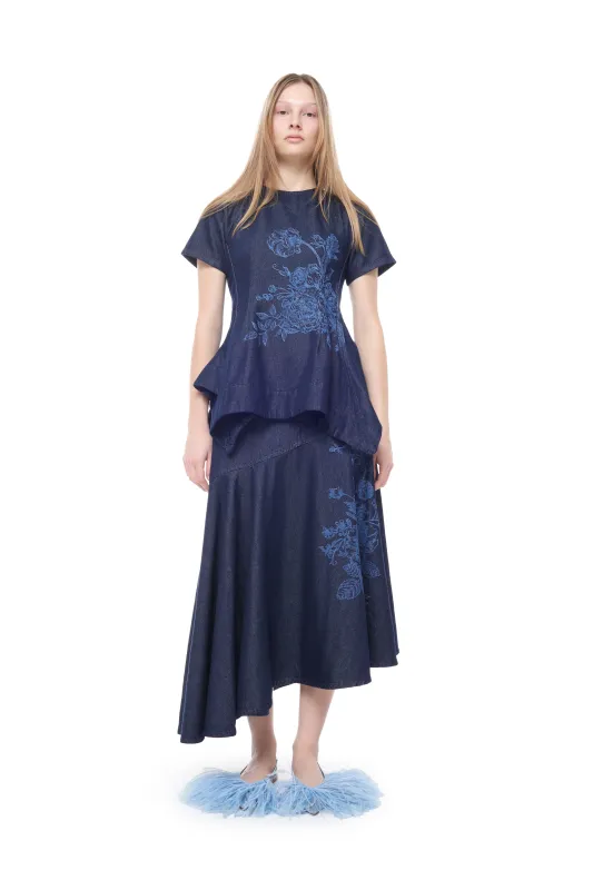 INDIGO FLOWER MOTIF DENIM MIDI FLOUNCE SKIRT sold by Marques ’ Almeida
