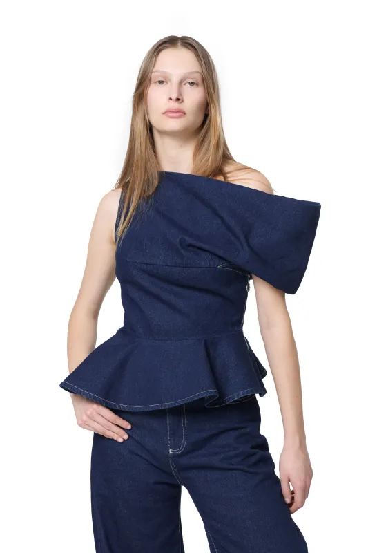 INDIGO DENIM OFF SHOULDER ASYMMETRIC TOP made by Marques ’ Almeida