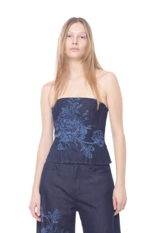 INDIGO FLOWER DENIM STRAPLESS CORSET TOP sold by Marques ’ Almeida