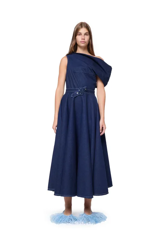 INDIGO DENIM OFF-SHOULDER MIDI DRESS made by Marques ’ Almeida