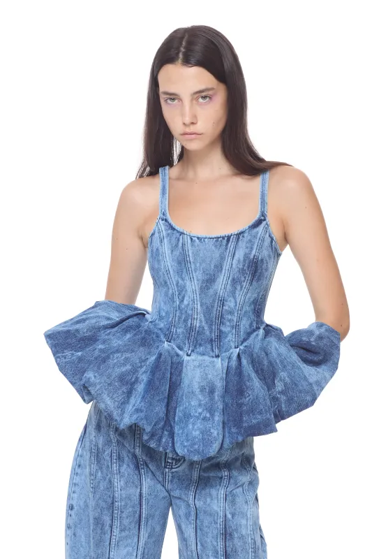 BLUE ACID WASH DENIM PLEATED TOP made by Marques ’ Almeida
